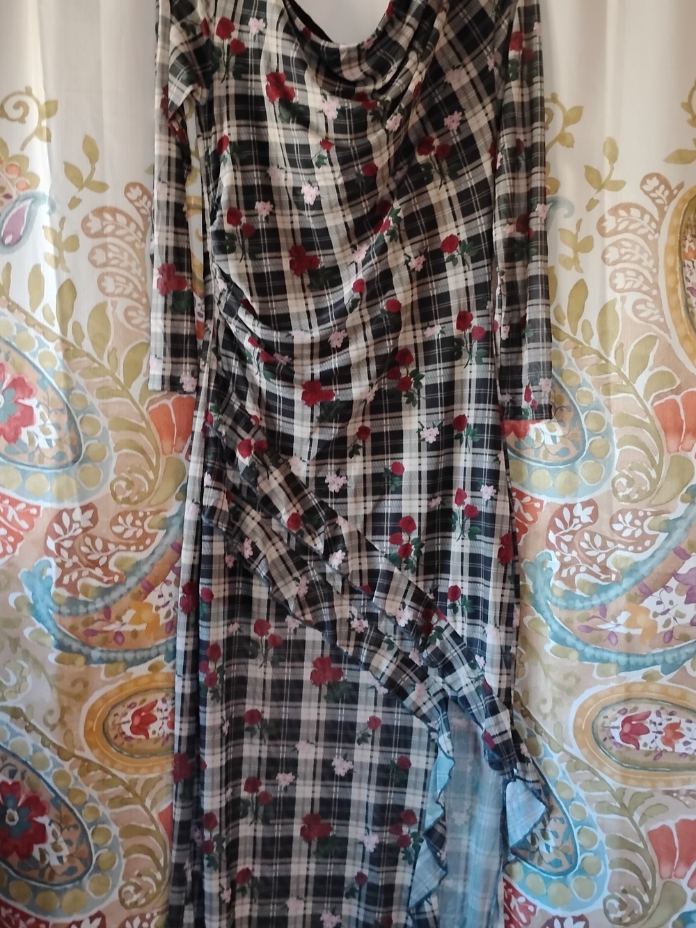 Plaid Floral Maxi Skirt in Black and Red - Women's Dress